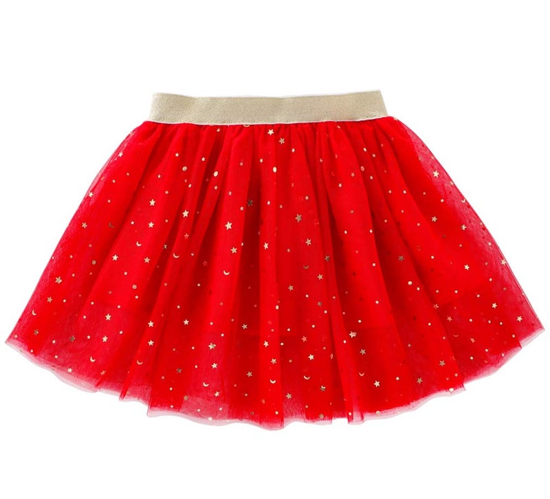 Tortoise & Rabbit Toddlers Girls Sparkle Tulle Tutu Skirt with Sequins Stars Moon Sun (Red, 1-2years) - Image 2